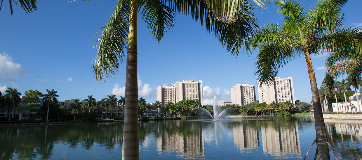 view of freshman dormitory towers and Lake Osceola