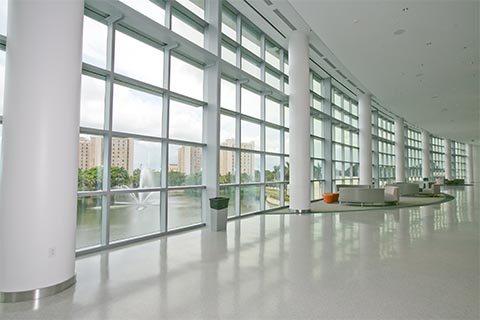 Hallway with windows outside of the Shalala Center ballrooms